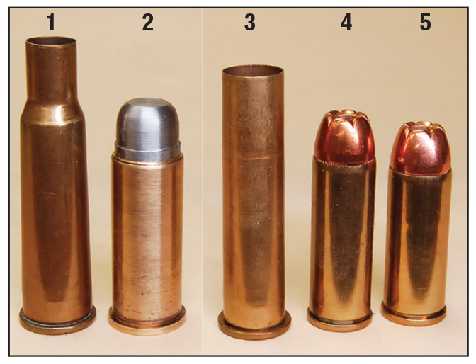 Shown first is the (1) 348 Winchester case that was shortened to make the (2) 500 Linebaugh, then the (3) 45-70 case that was shortened to make the (4) 475 Linebaugh and shortened again to create the (5) 480 Ruger.